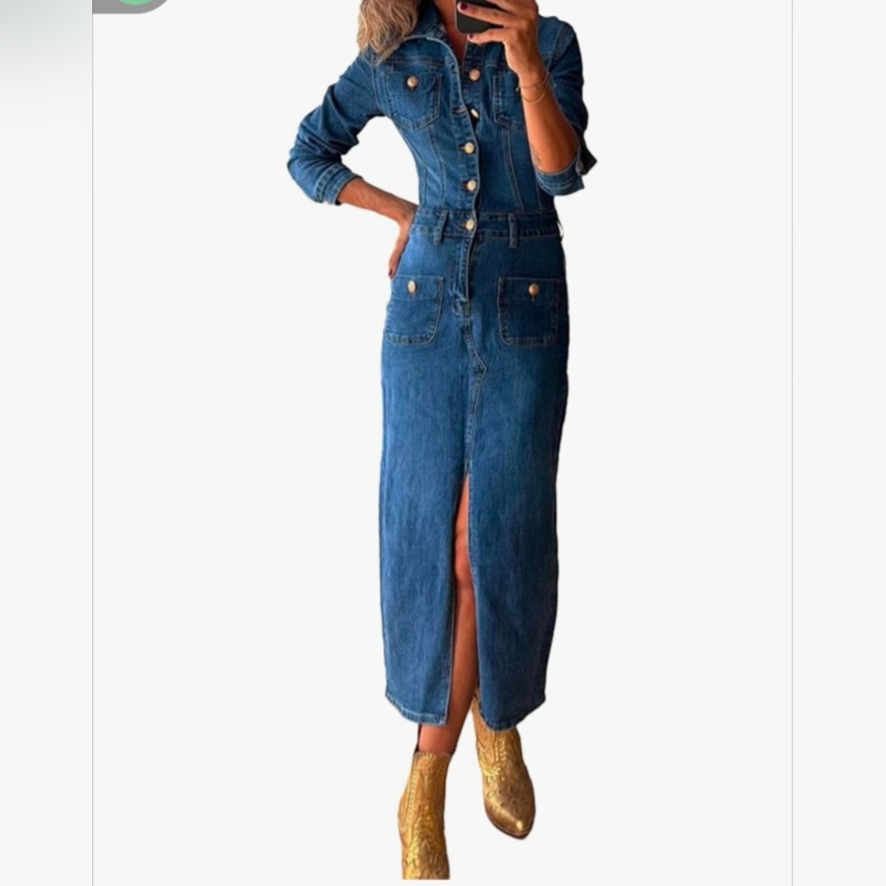 Conshvi Denim Midi Dress with Front Slit, Small